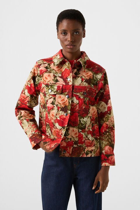 red floral dress with denim jacket Woman in Blue Denim Jacket and Red Floral Dress Free Stock Photo