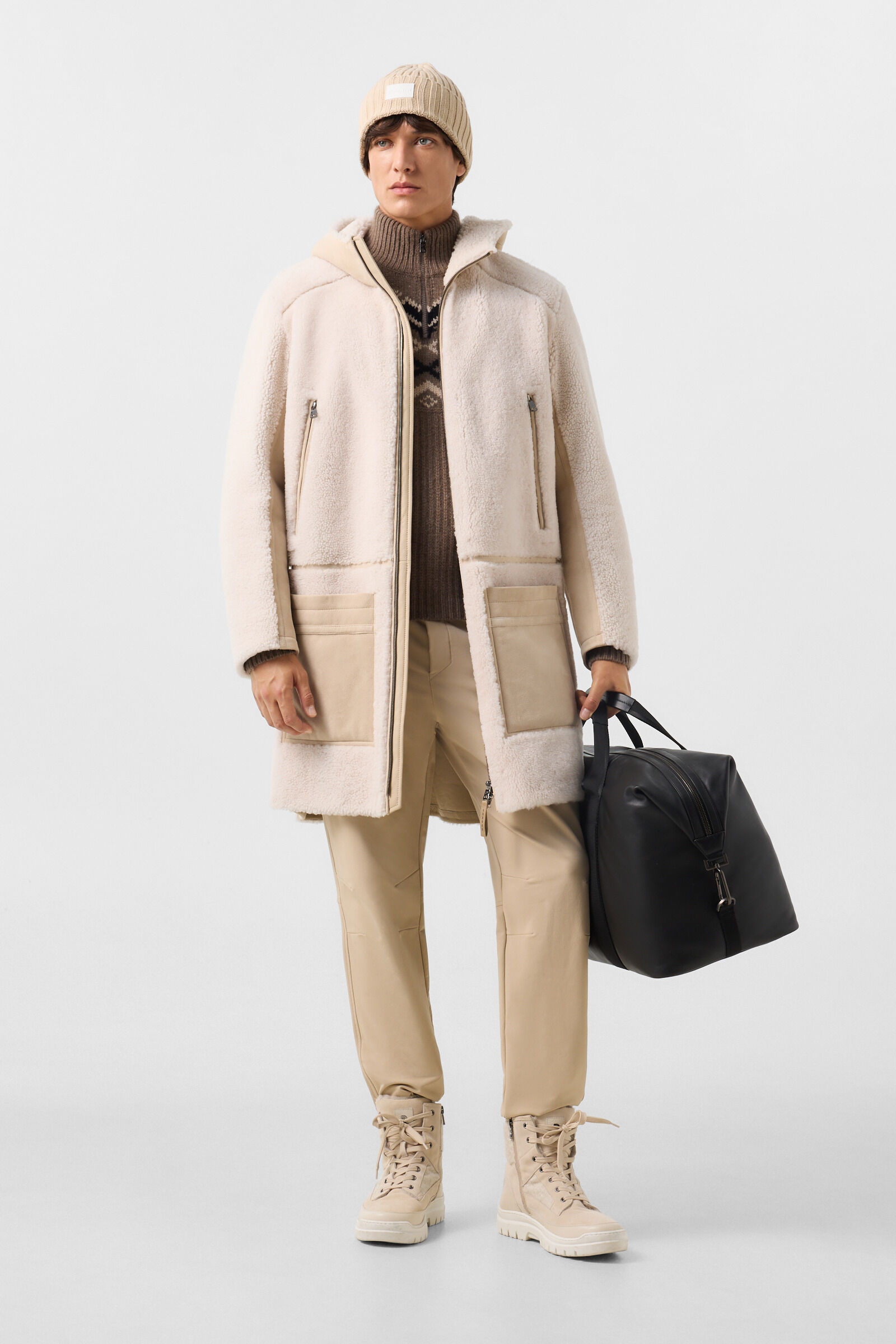 Lammfell-Mantel Soan Camel/Creme