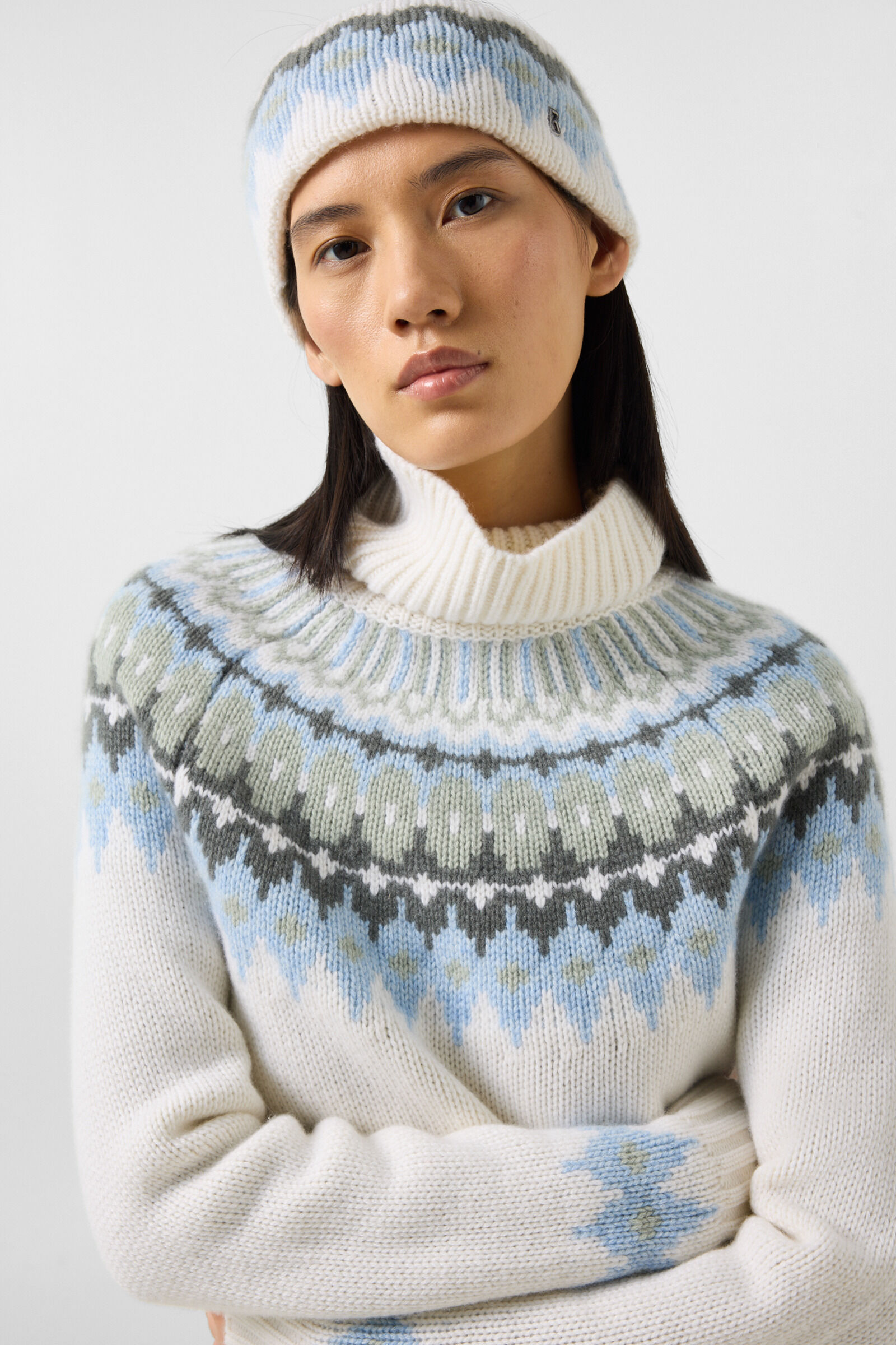 Kaschmir-Norweger-Pullover Ingrid Wei&szlig;/Blau/Oliv