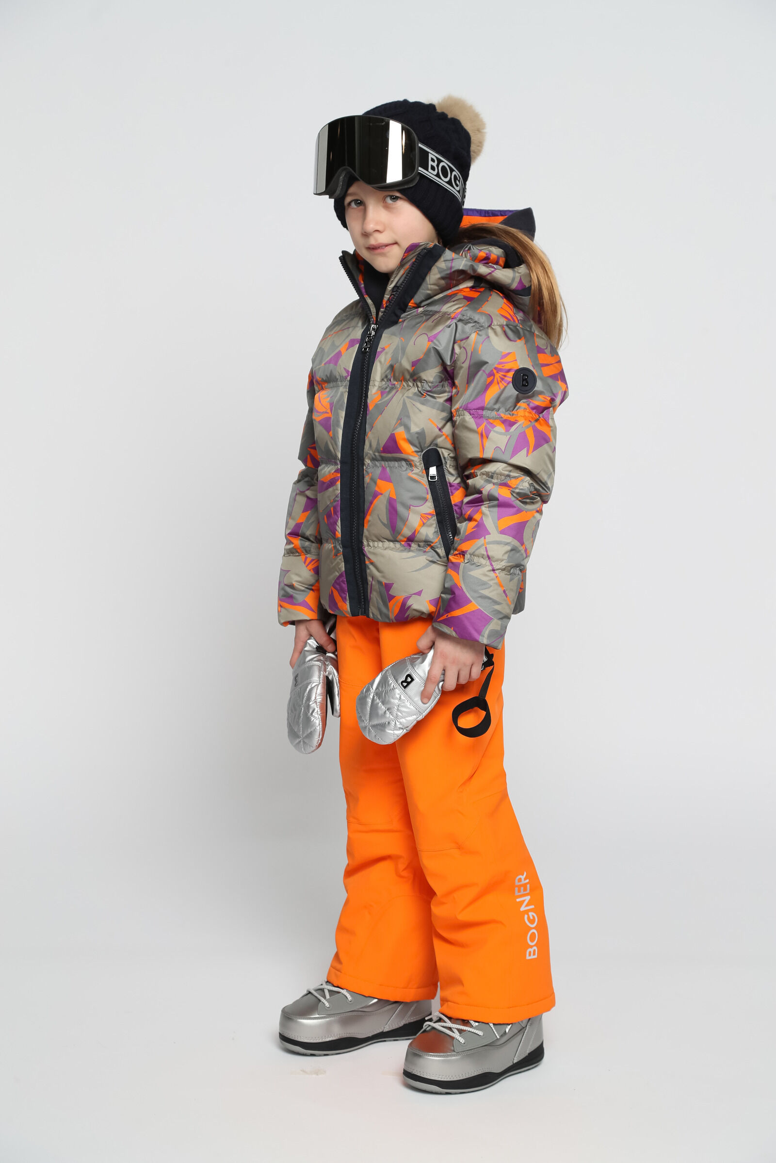 Kids down ski jacket Krissi Khaki/purple/orange