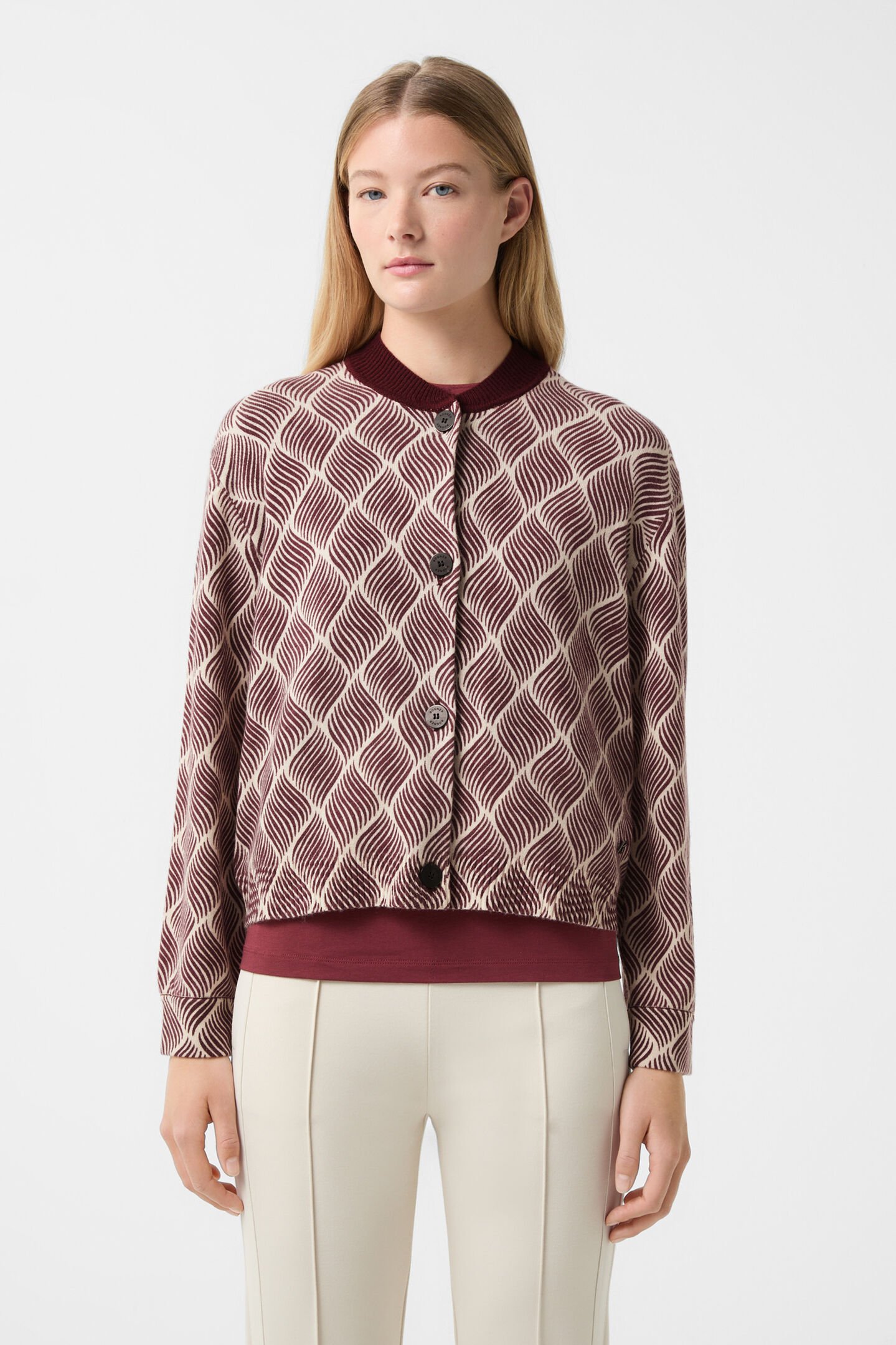 Evelyn knitted bomber jacket Wine red/cream