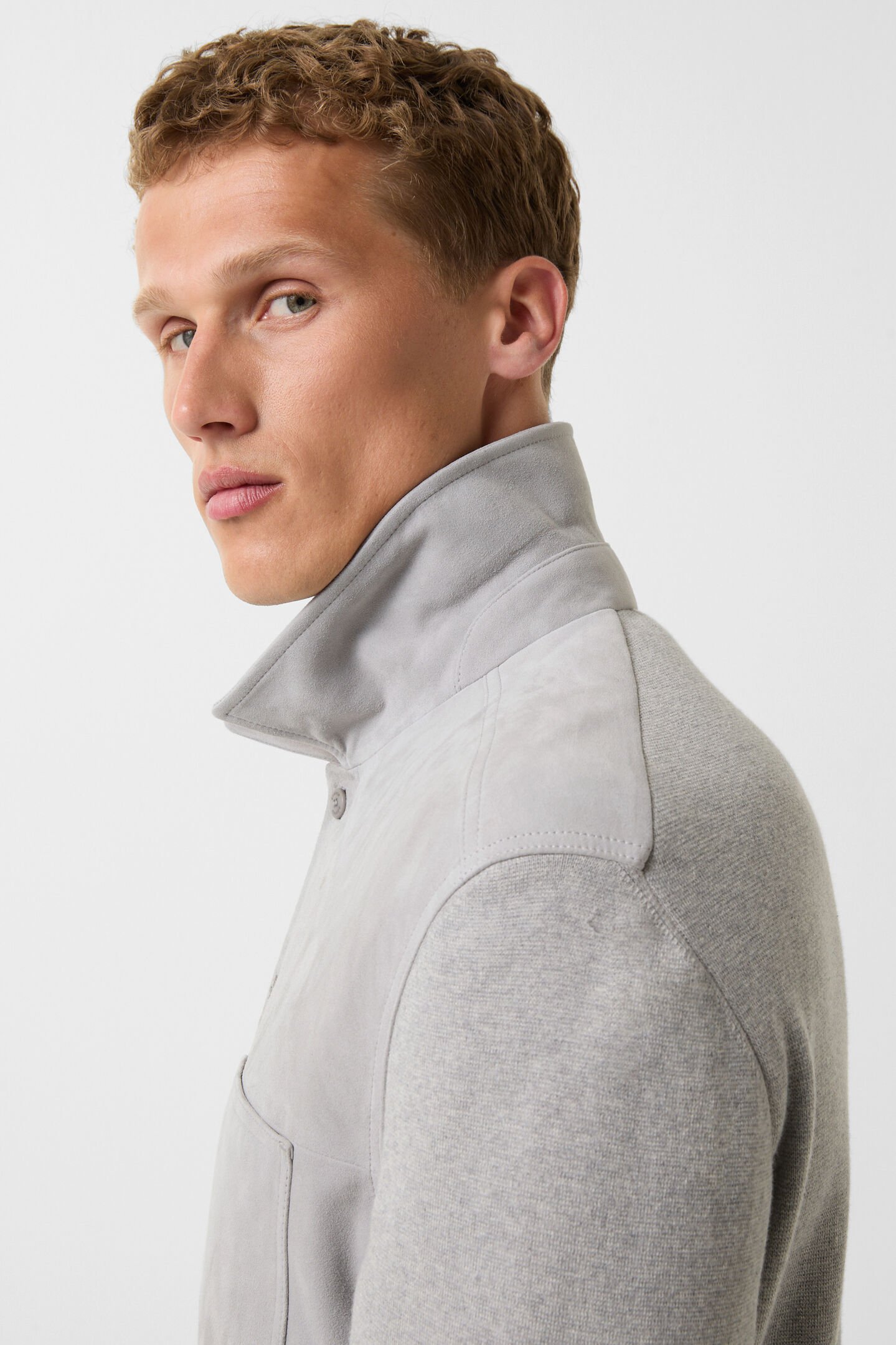 Veloursleder-Strick-Overshirt Henno Hellgrau