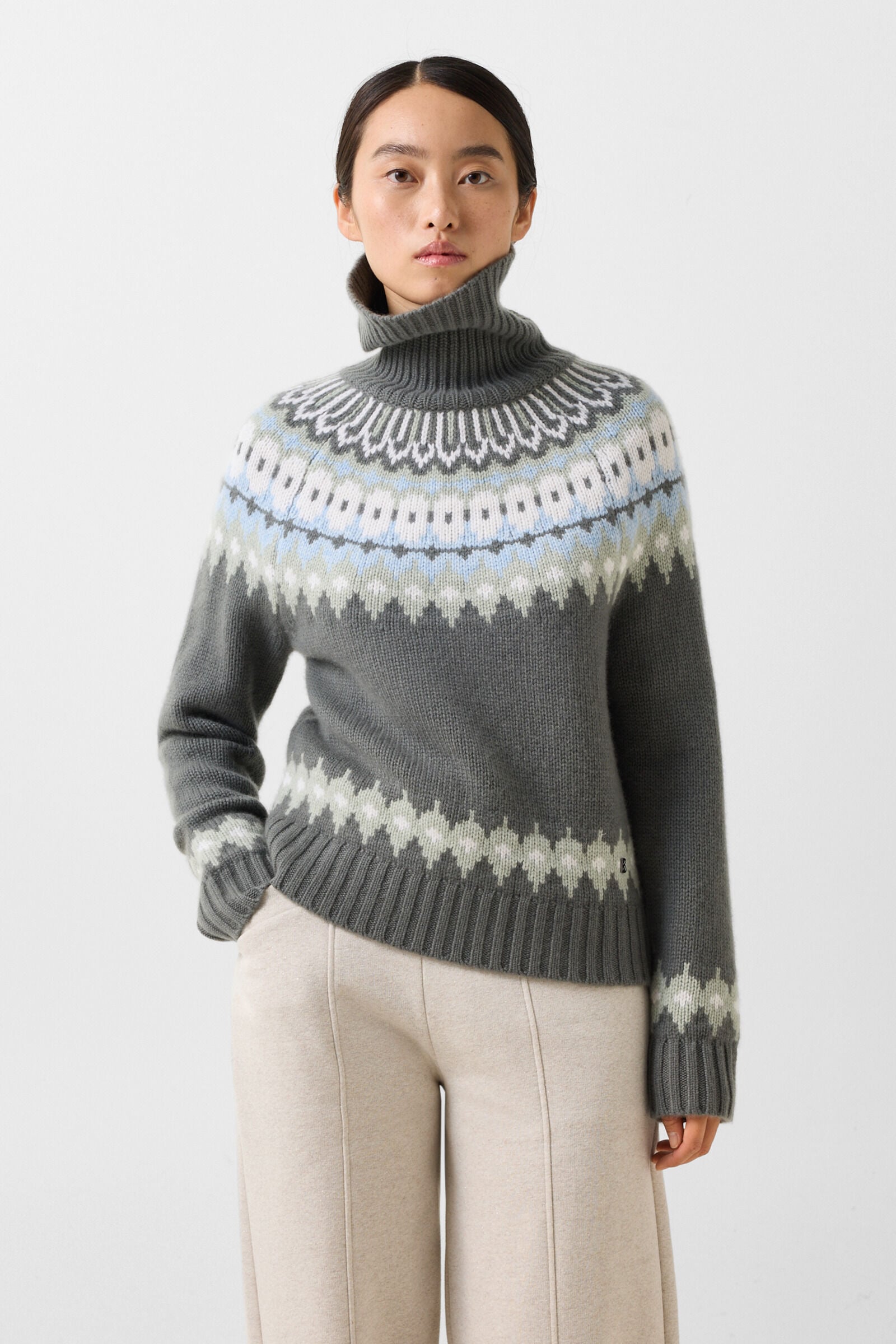 Ingrid cashmere jumper and Norwegian-style jumper Olive/Light blue/Off-white