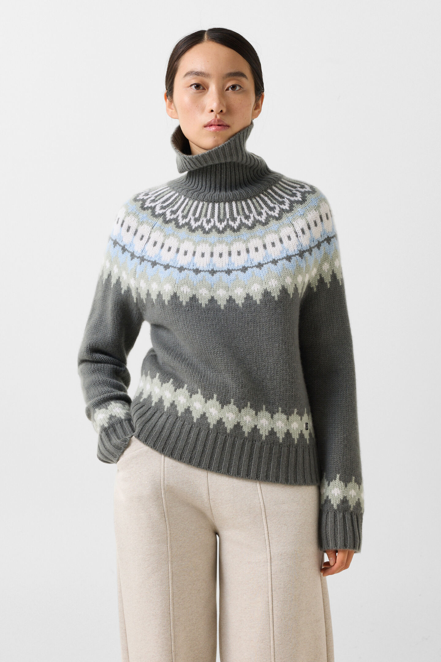 Ingrid cashmere jumper and Norwegian-style jumper Olive/Light blue/Off-white