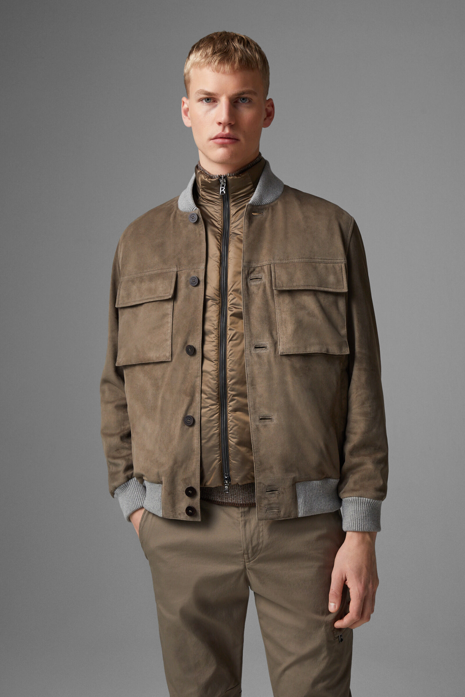 Khaki leather discount jacket mens