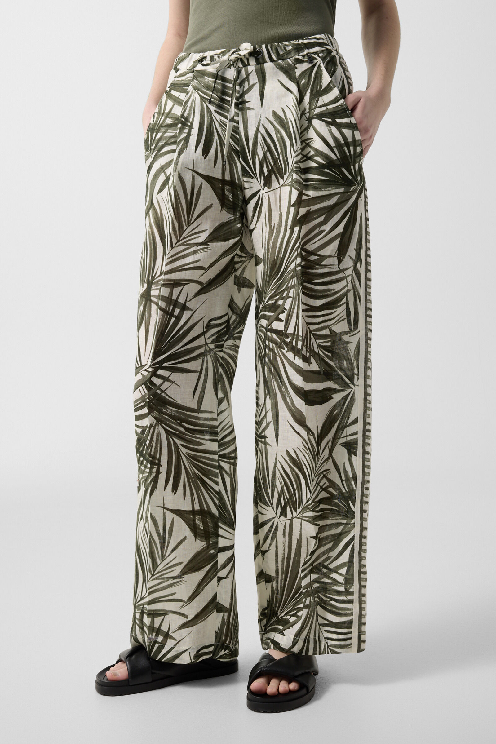 Linen trousers Gina Olive green/cream