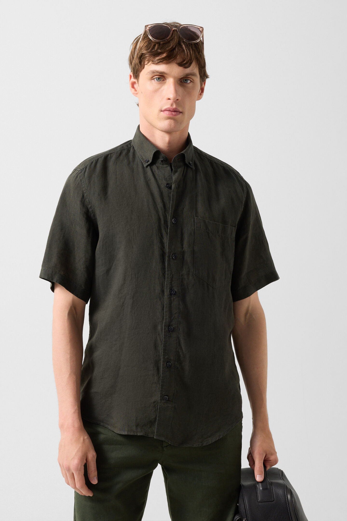 Leinen-Kurzarm-Hemd Lykos Oliv-Gr&uuml;n