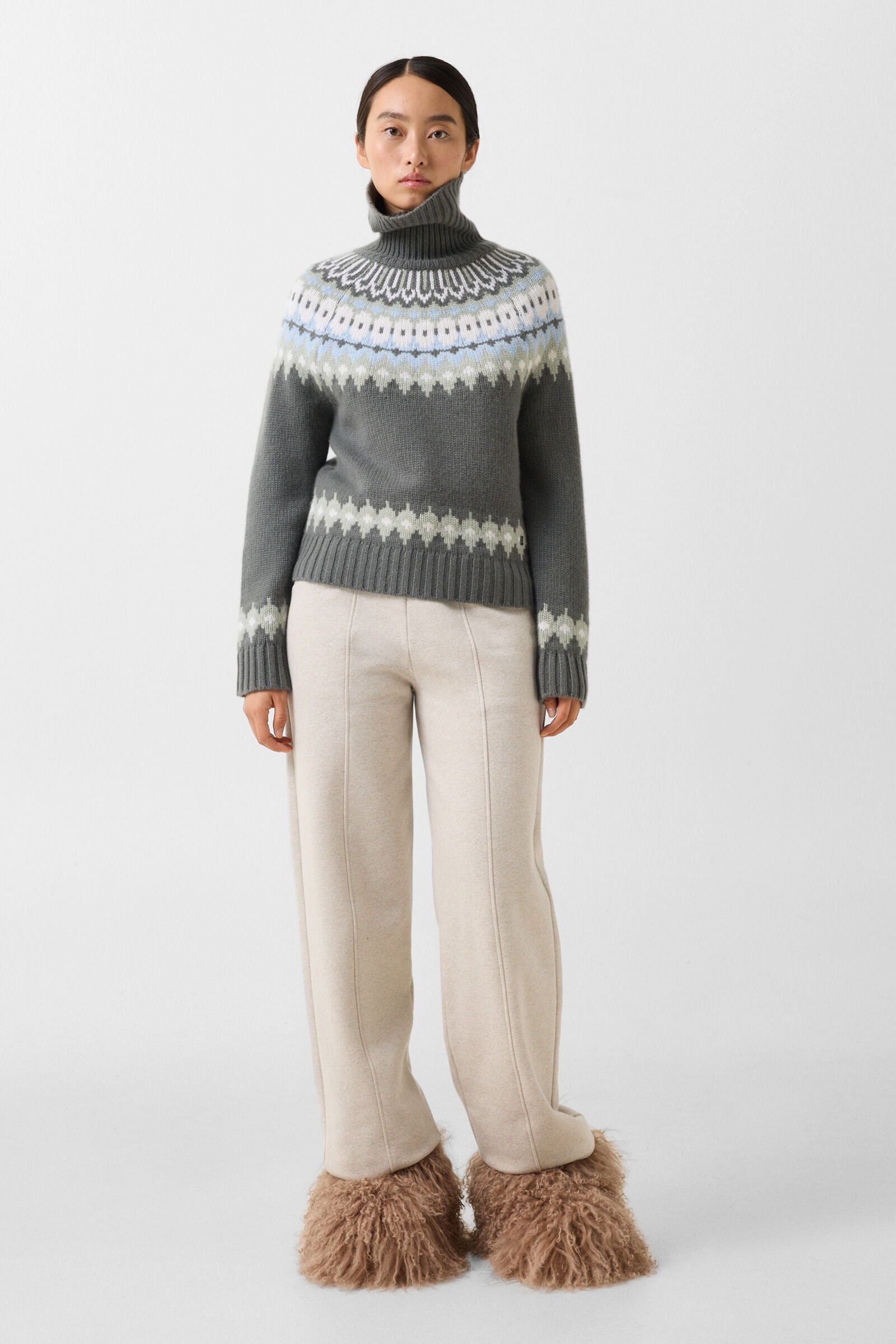 Ingrid cashmere jumper and Norwegian-style jumper Olive/Light blue/Off-white